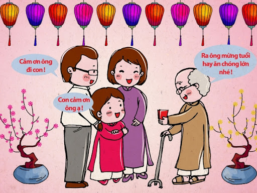 Trẻ học cách nói lời cảm ơn khi nhận bao lì xì