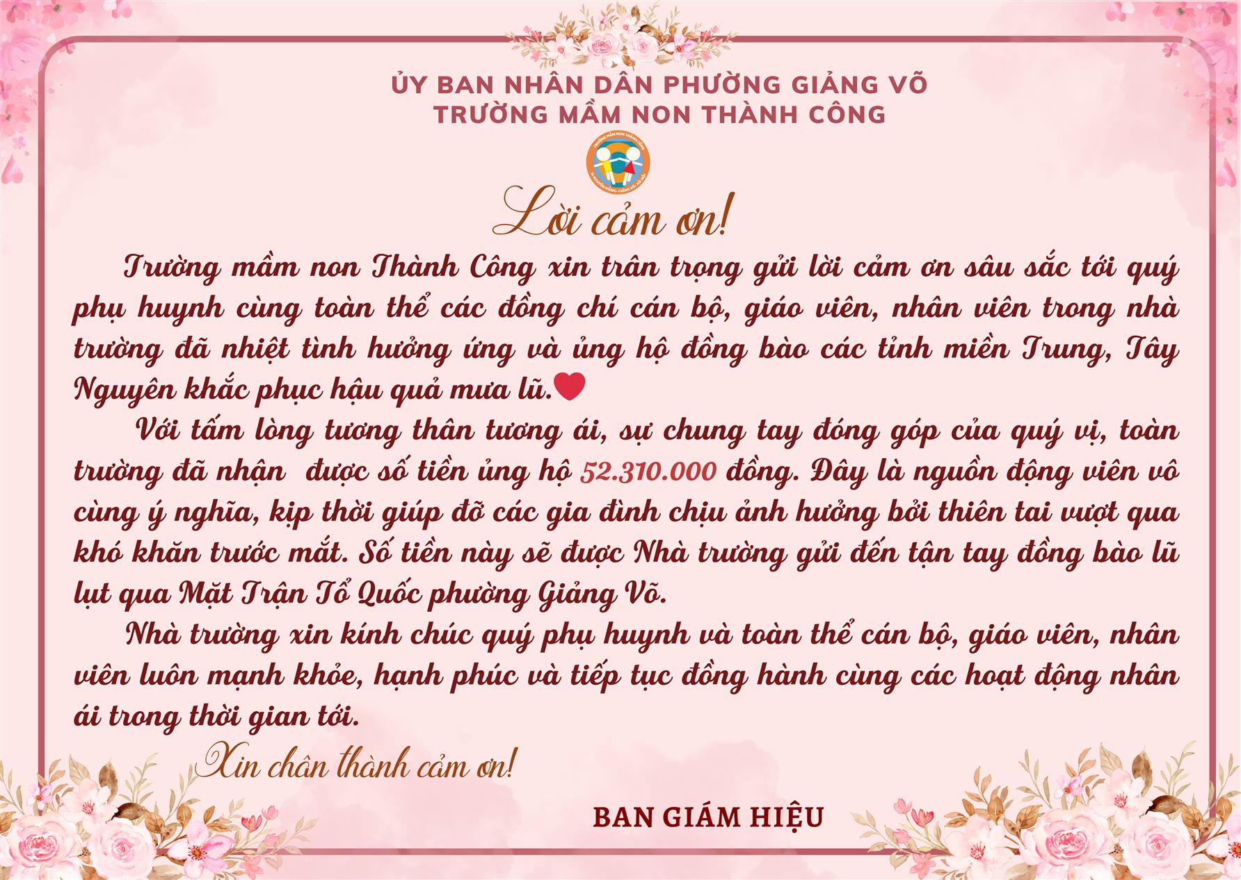 Trường Mầm non Thành Công cảm ơn các bậc phụ huynh, CBGV- NV đã nhiệt tình ủng hộ đồng bào các tỉnh miền Trung, Tây Nguyên khắc phục hậu quả mưa lũ.