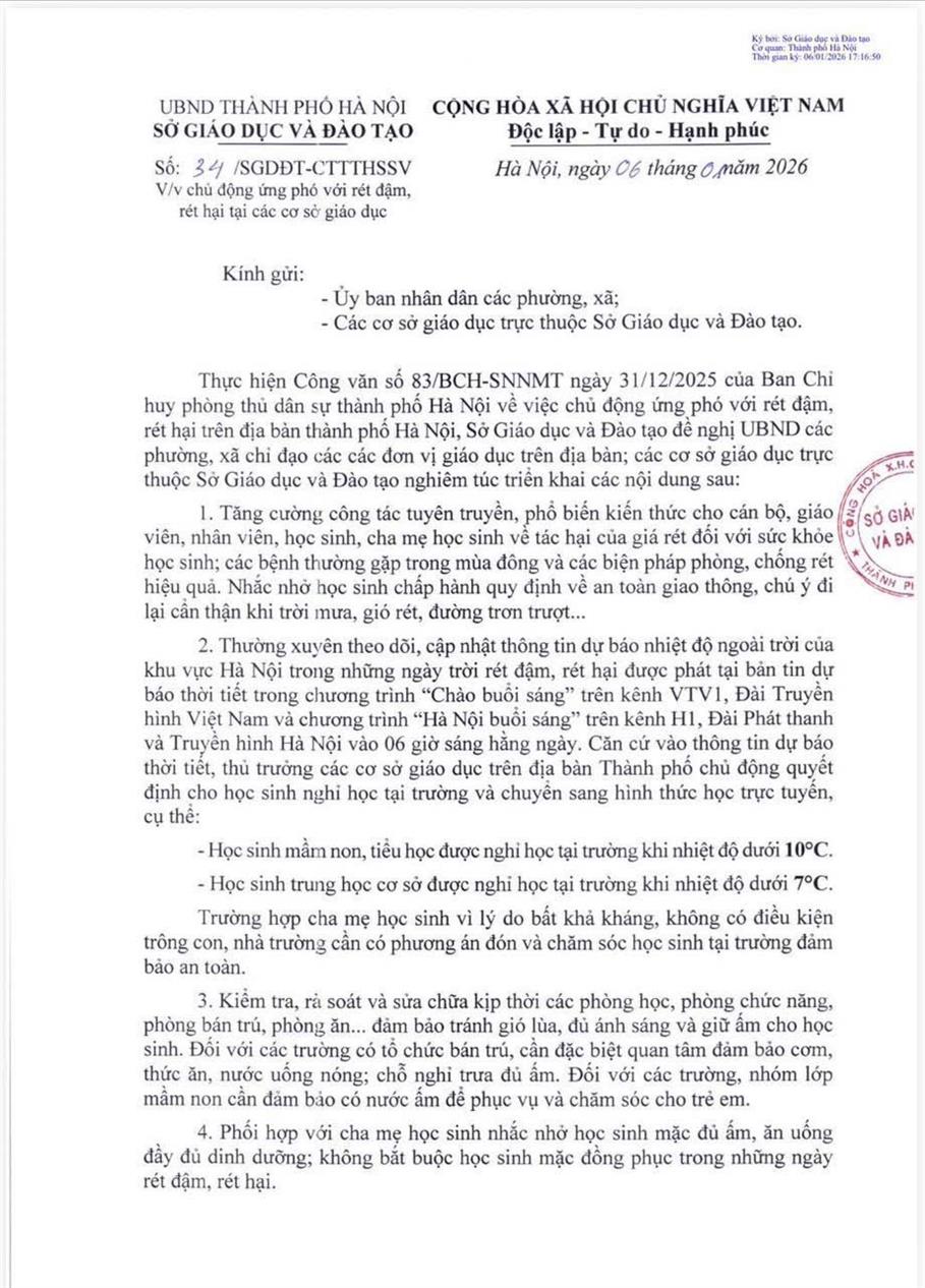 Văn bản chỉ đạo về việc Chủ động ứng phó với rét đậm, rét hại tại các cơ sở giáo dục