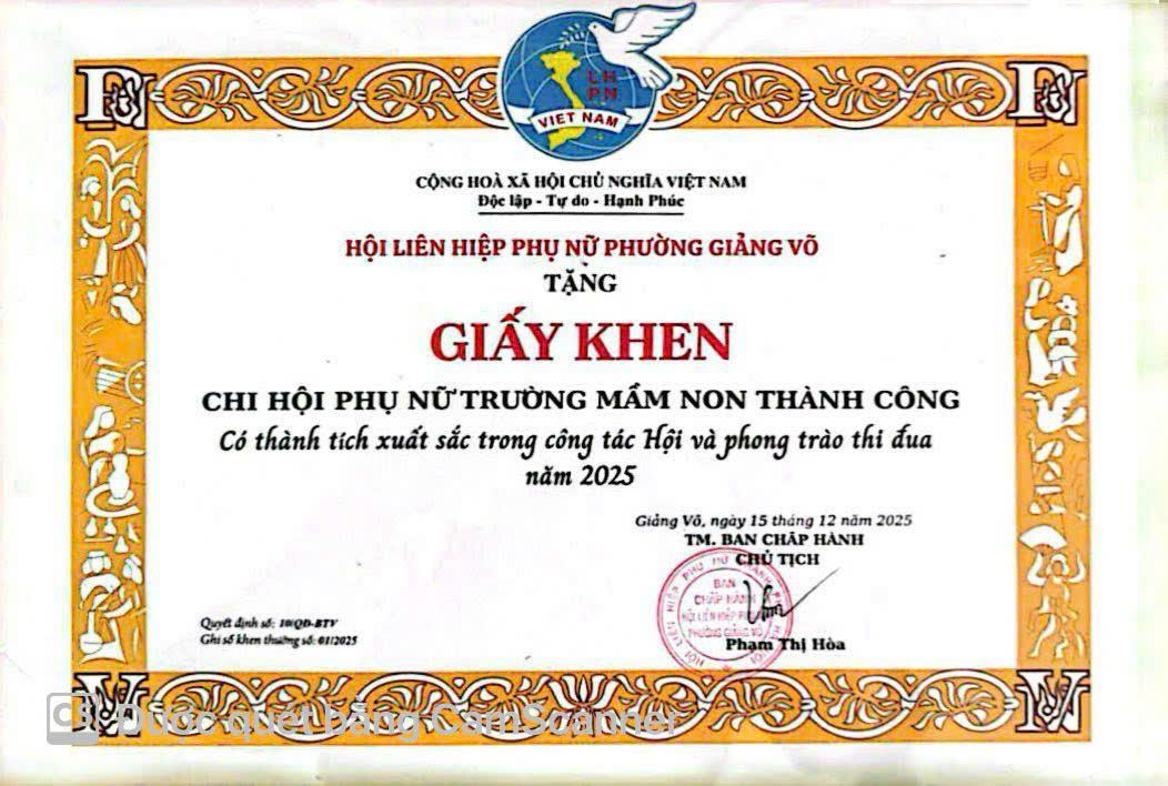 Chi Hội Phụ Nữ trường Mầm non Thành Công vinh dự nhận giấy khen năm 2025