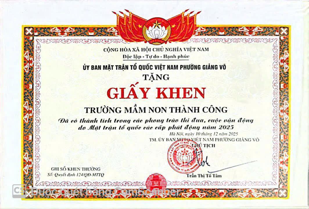 Trường Mầm non Thành Công vinh dự nhận Giấy khen của Ủy ban Mặt trận Tổ quốc Việt Nam phường Giảng Võ năm 2025